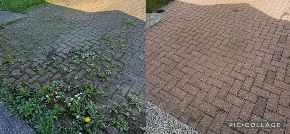 A block paving driveway before and after cleaning: weeds and moss on the left, clean paving on the right