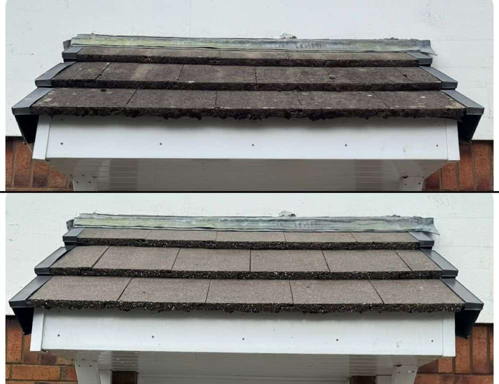 A porch roof before and after cleaning: moss along the tiles above, clean tiles below